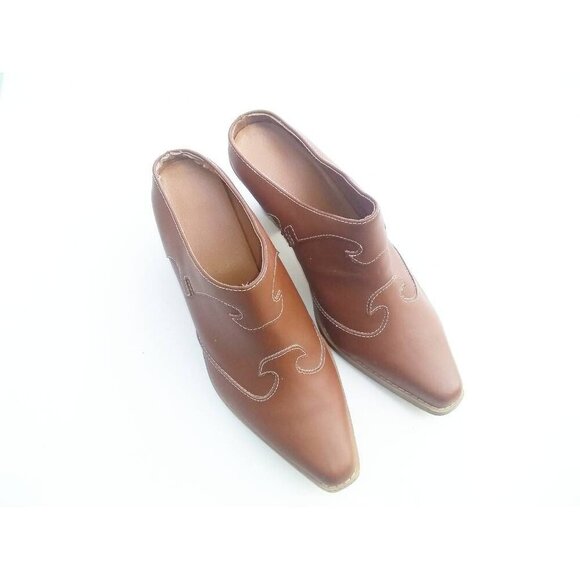 Womens Clog Shoes Brown Leather Stacked Heels Square Toe Slip Ons 9 - Picture 1 of 7